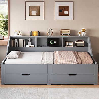Trikiousd Twin to King Size Daybed Wood Extendable Sofa Bed with Storage Bookcases & 2 Drawers