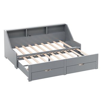Trikiousd Twin to King Size Daybed Wood Extendable Sofa Bed with Storage Bookcases & 2 Drawers