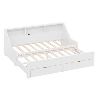 Trikiousd Twin to King Size Daybed Wood Extendable Sofa Bed with Storage Bookcases & 2 Drawers