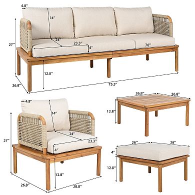 Trikiousd Outdoor Acacia Wood & Rope Patio Sofa Set