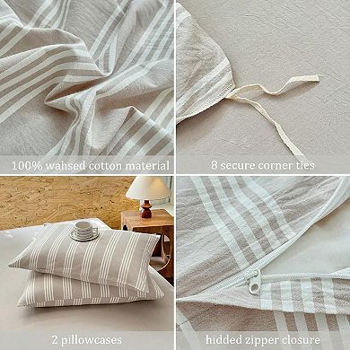 100 Washed Cotton Duvet Cover Set - Striped Design - Super Soft - Chic Bedding