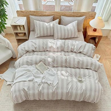 100 Washed Cotton Duvet Cover Set - Striped Design - Super Soft - Chic Bedding