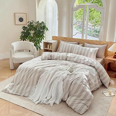 100 Washed Cotton Duvet Cover Set - Striped Design - Super Soft - Chic Bedding