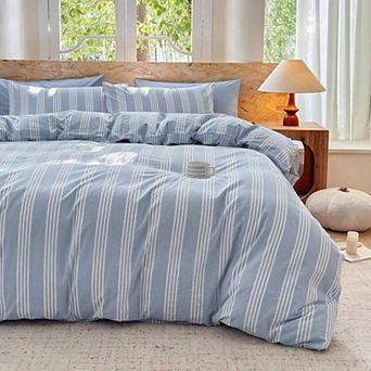 100 Washed Cotton Duvet Cover Set - Striped Design - Super Soft - Chic Bedding