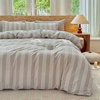 100 Washed Cotton Duvet Cover Set - Striped Design - Super Soft - Chic Bedding