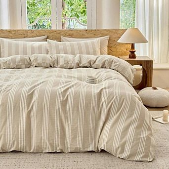 100 Washed Cotton Duvet Cover Set - Striped Design - Super Soft - Chic Bedding