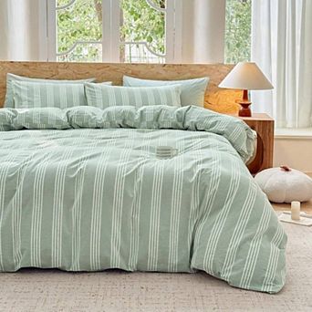 100 Washed Cotton Duvet Cover Set - Striped Design - Super Soft - Chic Bedding