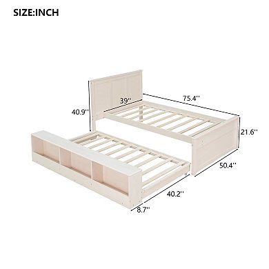 Trikiousd Modern Wooden Bed Frame Platform Bed with Pull Out Trundle & Storage Cabinet