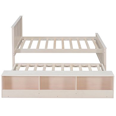 Trikiousd Modern Wooden Bed Frame Platform Bed with Pull Out Trundle & Storage Cabinet