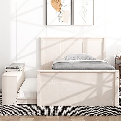 Trikiousd Modern Wooden Bed Frame Platform Bed with Pull Out Trundle & Storage Cabinet