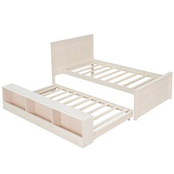 Trikiousd Modern Wooden Bed Frame Platform Bed with Pull Out Trundle & Storage Cabinet
