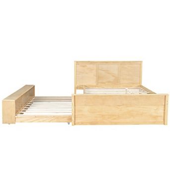 Trikiousd Modern Wooden Bed Frame Platform Bed with Pull Out Trundle & Storage Cabinet