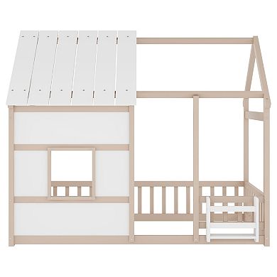 Trikiousd Twin Size House Floor Bed Montessori Bed with Bookshelf & 7 Colors LED Light