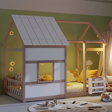 Trikiousd Twin Size House Floor Bed Montessori Bed with Bookshelf & 7 Colors LED Light