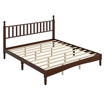 Trikiousd Wood Bed Frame Low Profile Platform Bed with Gourd Shaped Headboard