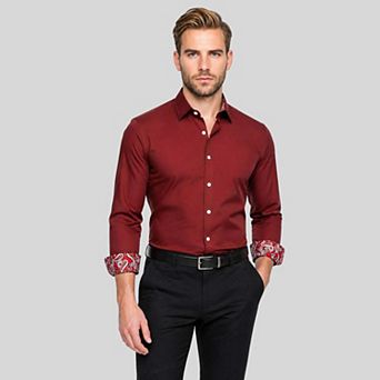 Men's Long Sleeve Button Down Shirt Paisley Trim Contrast Collar Dress Shirt