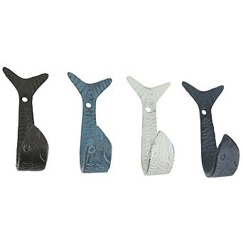 Set of 4 Coastal Color Cast Iron Flipping Fish Decorative Wall Hooks