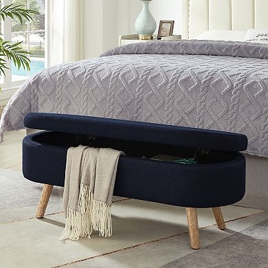 Trikiousd Oval Bouclé Storage Ottoman Bench with Wood Legs & Hinge