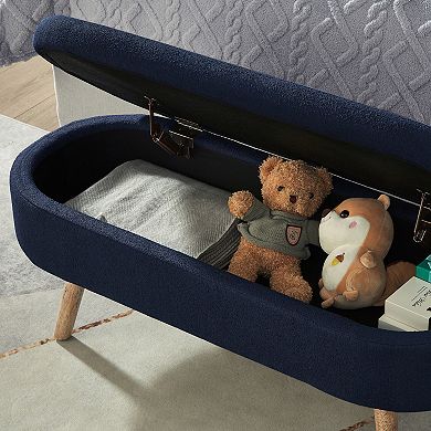 Trikiousd Oval Bouclé Storage Ottoman Bench with Wood Legs & Hinge