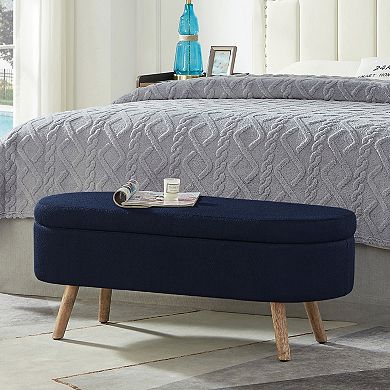 Trikiousd Oval Bouclé Storage Ottoman Bench with Wood Legs & Hinge