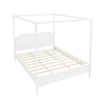Trikiousd Wood 4 Posters Platform Bed Canopy Bed with Headboard, Solid Wood Slats Support