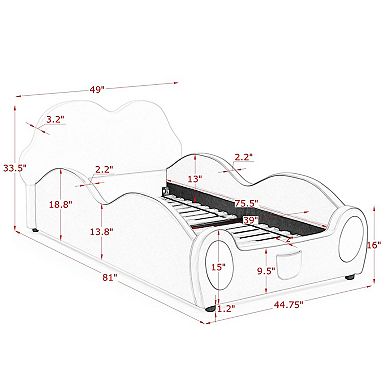 Trikiousd Twin Size Toddler Bed PU Leather Kids Bed Upholstered Platform Bed Frame with Guardrails