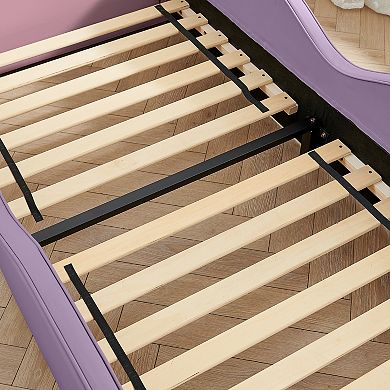 Trikiousd Twin Size Toddler Bed PU Leather Kids Bed Upholstered Platform Bed Frame with Guardrails