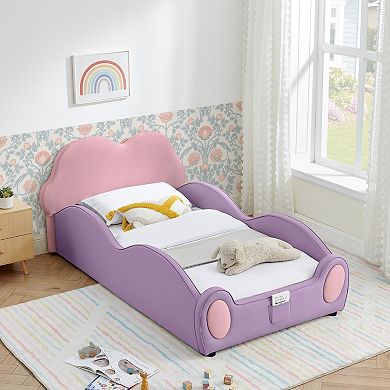 Trikiousd Twin Size Toddler Bed PU Leather Kids Bed Upholstered Platform Bed Frame with Guardrails