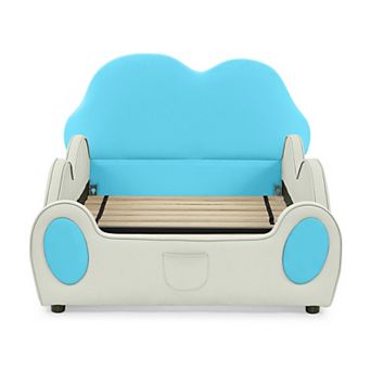 Trikiousd Twin Size Toddler Bed PU Leather Kids Bed Upholstered Platform Bed Frame with Guardrails
