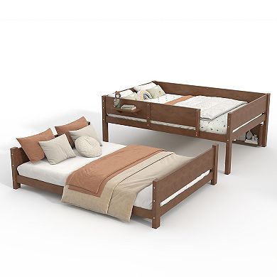 Trikiousd Queen Over Queen Size Wooden Bunk Bed Frame Convenient Tray & Built-in Storage Shelves