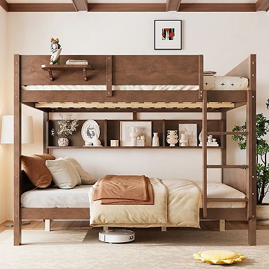 Trikiousd Queen Over Queen Size Wooden Bunk Bed Frame Convenient Tray & Built-in Storage Shelves
