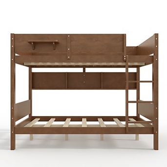 Trikiousd Queen Over Queen Size Wooden Bunk Bed Frame Convenient Tray & Built-in Storage Shelves