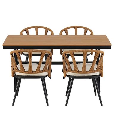 Trikiousd Outdoor Patio Dining Set with PE Rattan Chairs and Plastic Wood Table