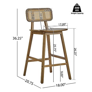 Trikiousd Wood Barstool Set of 2 Breakfast Bar Chairs with Rattan-Adorned Backrest
