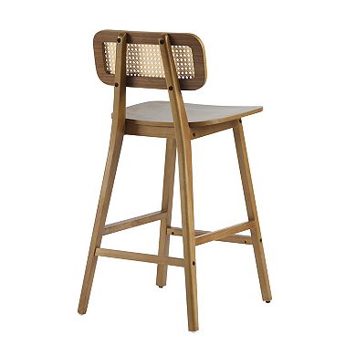 Trikiousd Wood Barstool Set of 2 Breakfast Bar Chairs with Rattan-Adorned Backrest