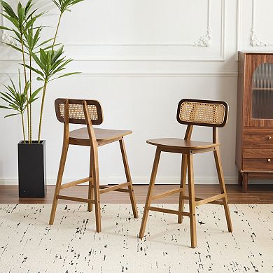 Trikiousd Wood Barstool Set of 2 Breakfast Bar Chairs with Rattan-Adorned Backrest