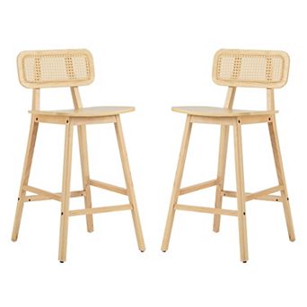 Trikiousd Wood Barstool Set of 2 Breakfast Bar Chairs with Rattan-Adorned Backrest