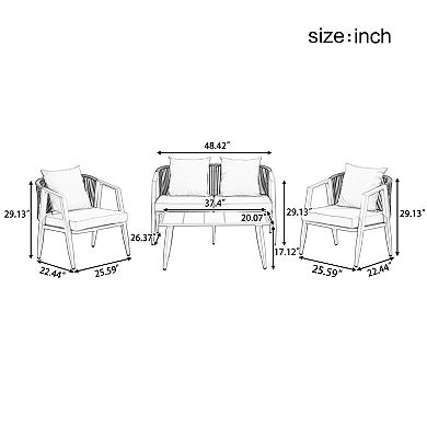 Trikiousd 4-Piece Patio Seating Set with Iron Frame Cushioned Chairs Bench and Table