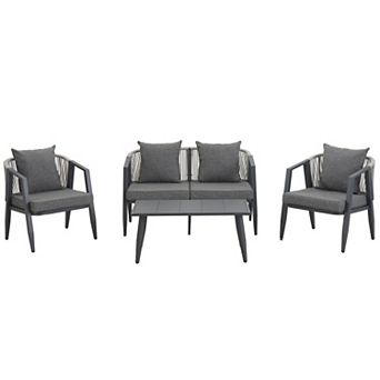 Trikiousd 4 pc Patio Seating Set with Iron Frame Cushioned Chairs Bench and Table