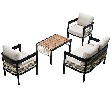Trikiousd Outdoor Iron Sofa Set with Rattan Accents Cushions and Table Patio Set