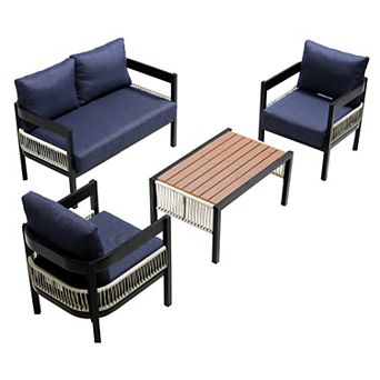 Trikiousd Outdoor Iron Sofa Set with Rattan Accents Cushions and Table Patio Set