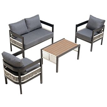 Trikiousd Outdoor Iron Sofa Set with Rattan Accents Cushions and Table Patio Set