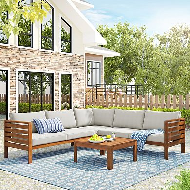 Trikiousd Traditional Style Acacia Wood Outdoor Patio Sofa Set with Cushions & UV Protected Texture