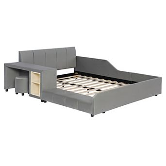 Trikiousd Upholstered Ground Bed with Desk and Stool Mother Child Bed