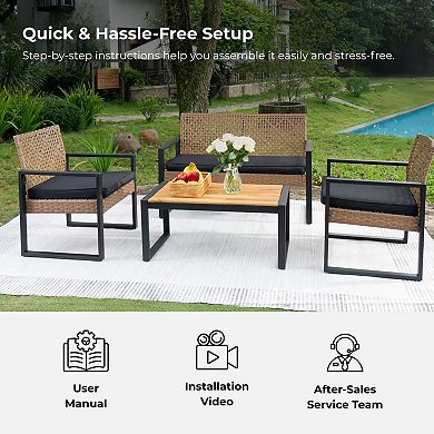 Trikiousd 4-Piece Patio Sectional Sofa Set with Acacia Wood Table and Rattan Chairs