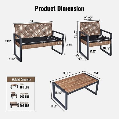 Trikiousd 4-Piece Patio Sectional Sofa Set with Acacia Wood Table and Rattan Chairs