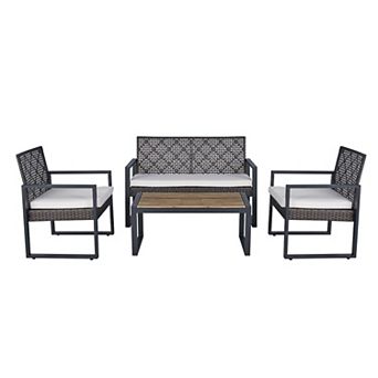 Trikiousd 4 pc Patio Sectional Sofa Set with Acacia Wood Table and Rattan Chairs