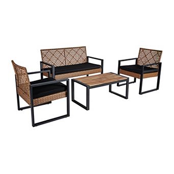 Trikiousd 4 pc Patio Sectional Sofa Set with Acacia Wood Table and Rattan Chairs