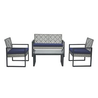 Trikiousd 4 pc Patio Sectional Sofa Set with Acacia Wood Table and Rattan Chairs