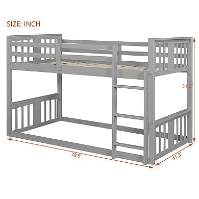 Trikiousd Twin Over Twin Floor Low Bunk Beds with Ladder and Guardrail for Kids